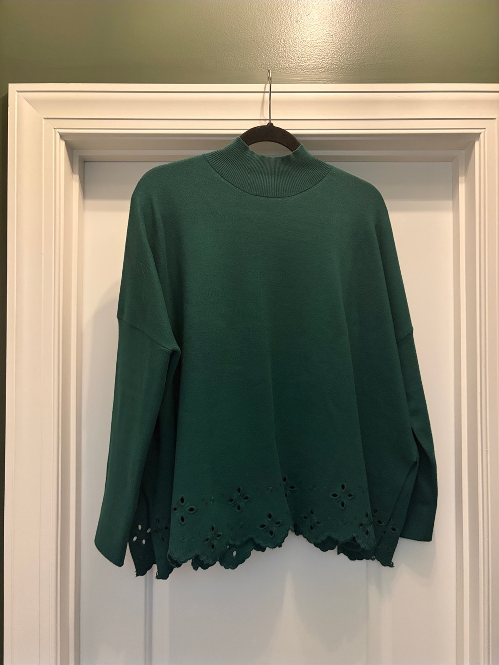 entro Deep Green Mock Neck Sweater with Scalloped Cutout Hem